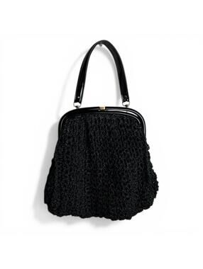 Vintage Black Crochet Handbag with Patent Accents